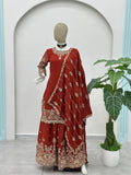 Royal Red Embroidered Kurta Palazzo Set with Dupatta