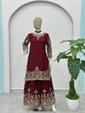 Royal Maroon Embroidered Kurta Palazzo Set with Dupatta