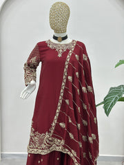 Royal Maroon Embroidered Kurta Palazzo Set with Dupatta