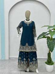 Premium Teal Green Embroidered Kurta Palazzo Set with Dupatta
