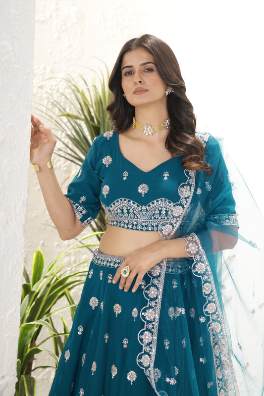 Teal Blue Designer Lehenga with Heavy Silver Embroidery