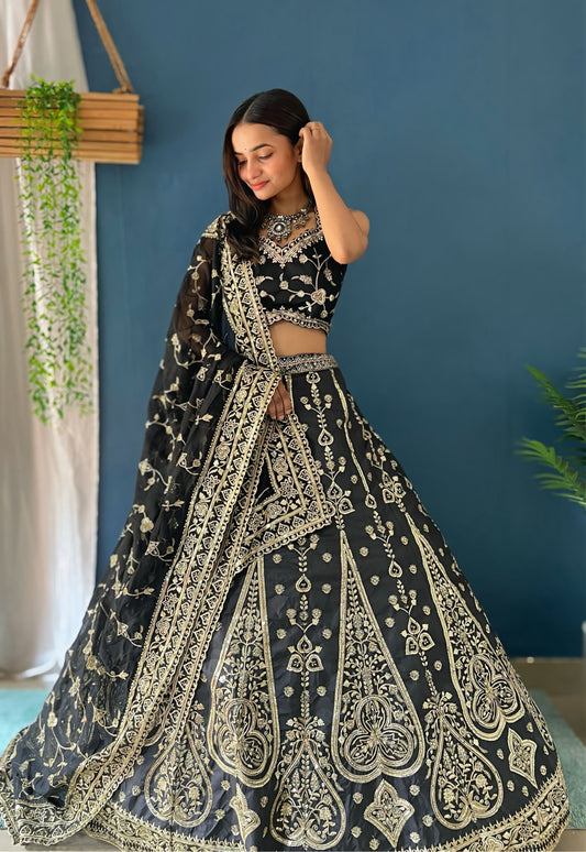 Royal Black Bridal Lehenga Choli with Heavy Golden Embroidery