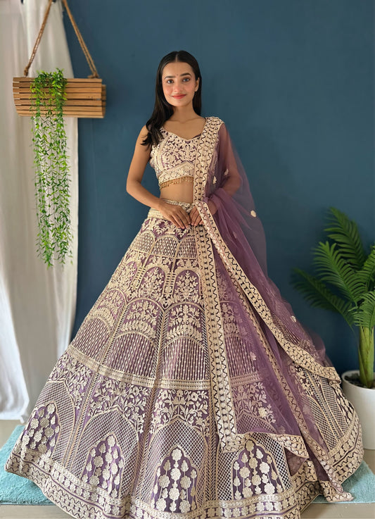 Premium Lavender Bridal Lehenga Choli with Heavy Embroidery & Dupatta