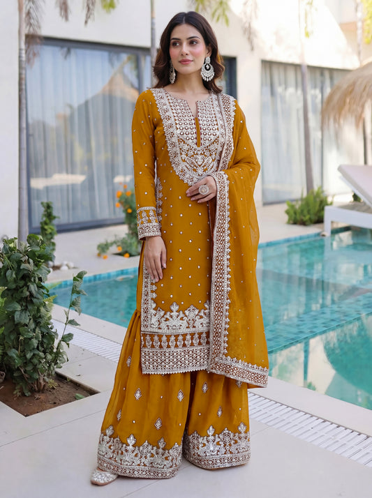 Mustard Yellow Embroidered Kurta Set with Heavy Dupatta