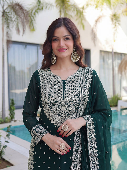 Emerald Green Embroidered Kurta Set with Heavy Dupatta
