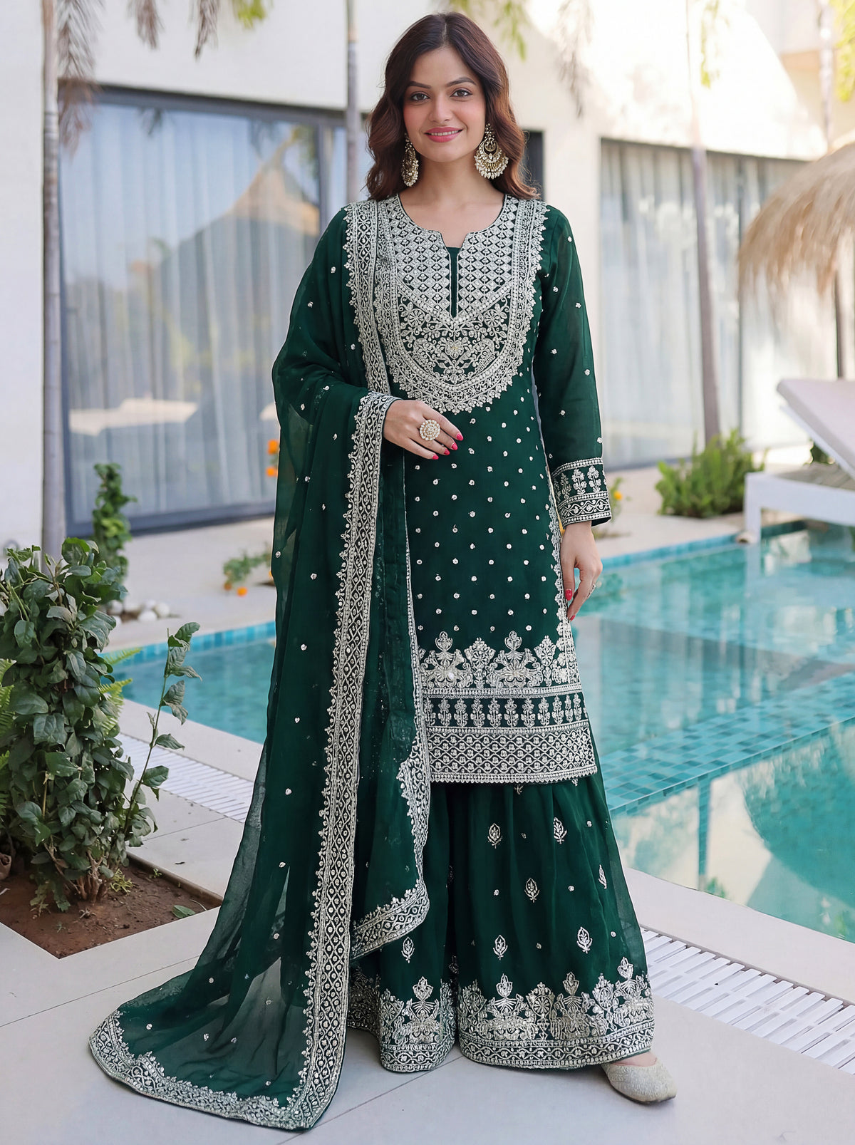 Emerald Green Embroidered Kurta Set with Heavy Dupatta