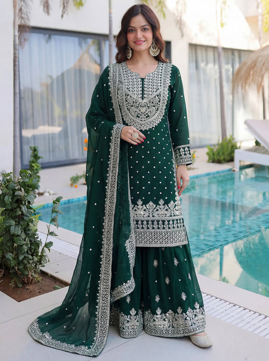 Emerald Green Embroidered Kurta Set with Heavy Dupatta