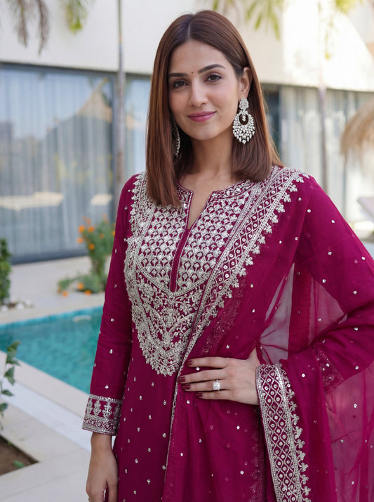Royal Wine Embroidered Kurta Set with Heavy Dupatta