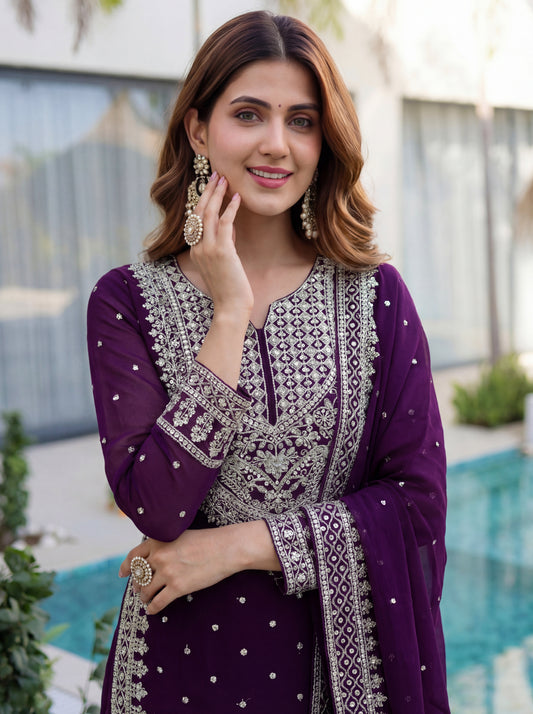 Royal Purple Embroidered Kurta Set with Heavy Dupatta