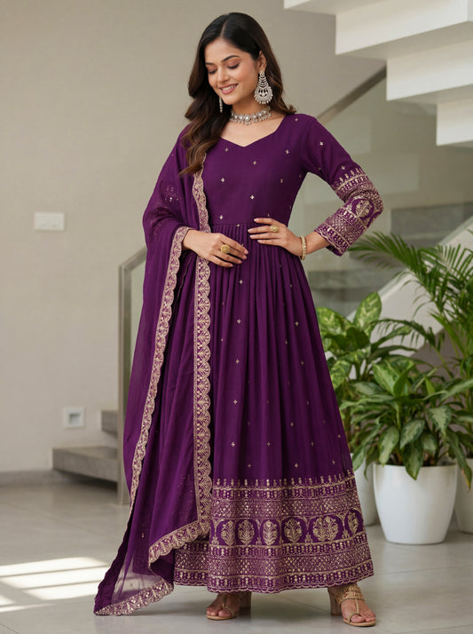 Royal Purple Anarkali Suit with Heavy Embroidered Border Dupatta