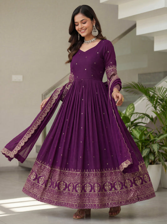 Royal Purple Anarkali Suit with Heavy Embroidered Border Dupatta