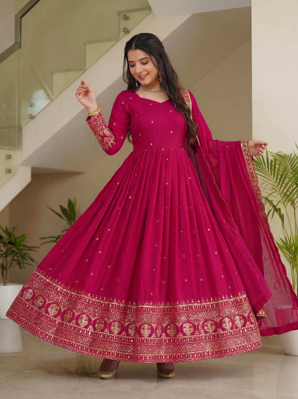 Rani Pink Anarkali Suit with Embroidered Border Dupatta