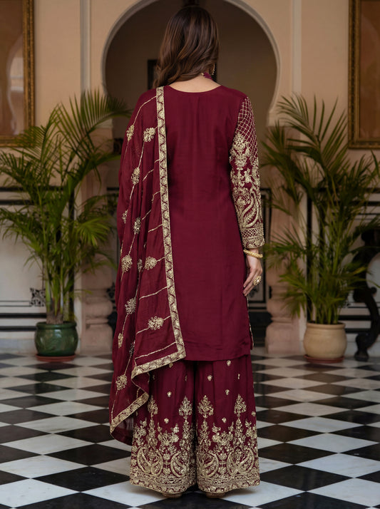 Royal Maroon Embroidered Kurta Palazzo Set with Dupatta