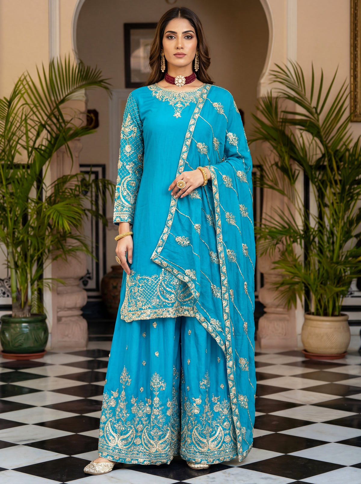Elegant Teal Blue Embroidered Kurta Set with Dupatta