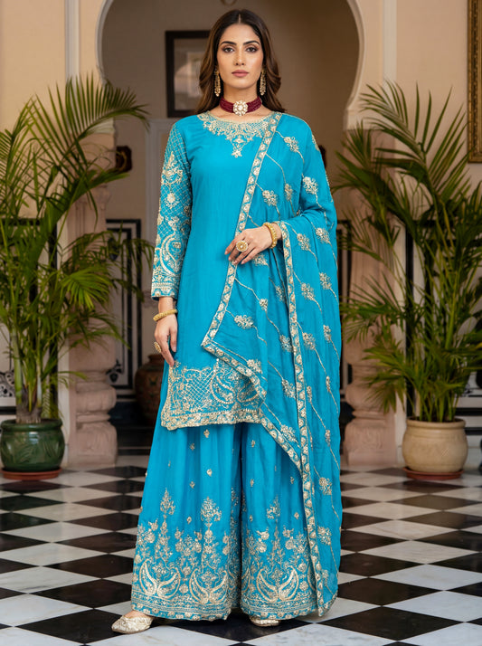 Elegant Teal Blue Embroidered Kurta Set with Dupatta