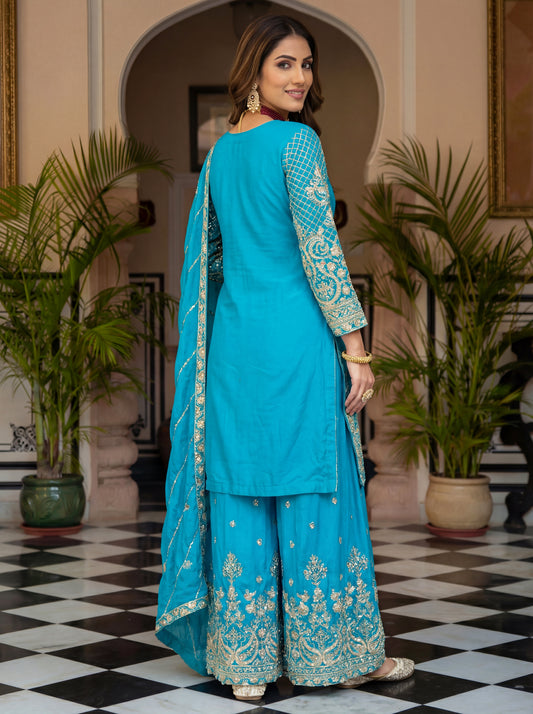 Elegant Teal Blue Embroidered Kurta Set with Dupatta