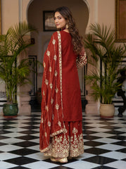 Royal Red Embroidered Kurta Palazzo Set with Dupatta