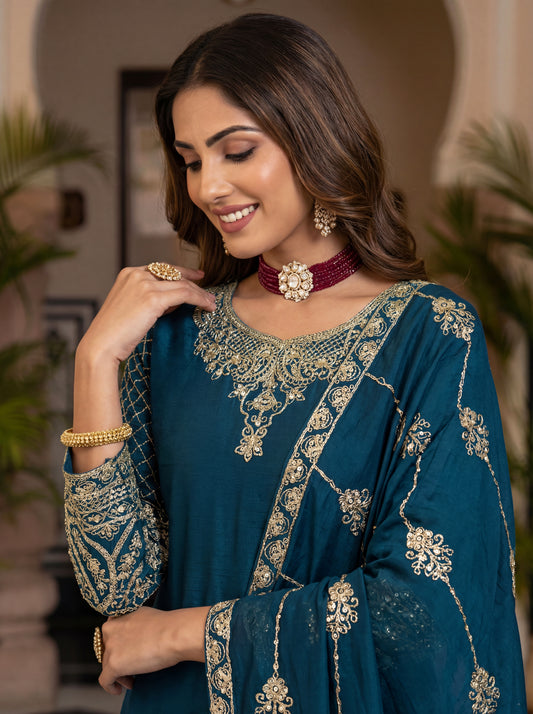Premium Teal Green Embroidered Kurta Palazzo Set with Dupatta