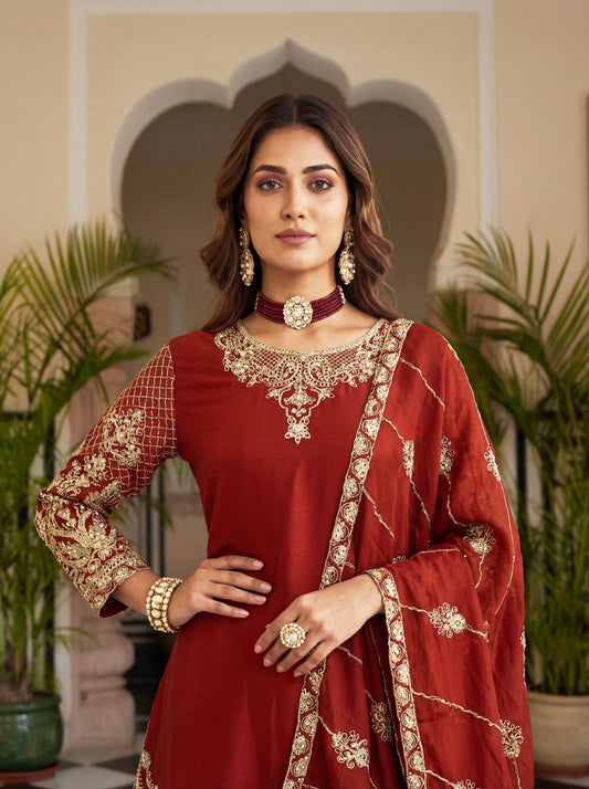 Royal Red Embroidered Kurta Palazzo Set with Dupatta