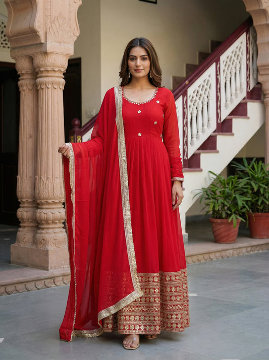 Royal Red Anarkali Suit with Heavy Golden Border & Flowing Dupatta
