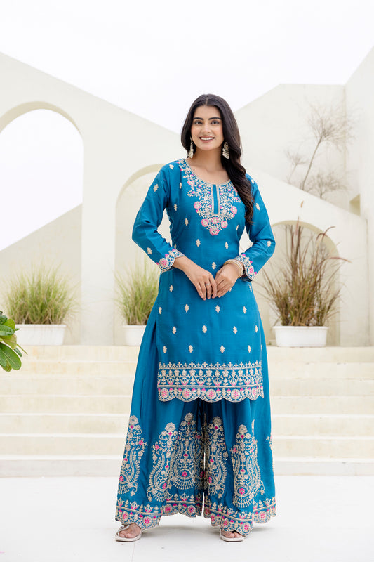 Dual Tone Teal & Pink Ethnic Set with Heavy Embroidery