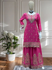 Rani Pink Embroidered Kurta Sharara Set with Heavy Gold Work