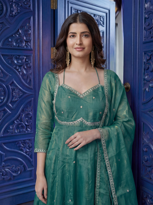 Emerald Green Anarkali Suit with Sheer Dupatta & Elegant