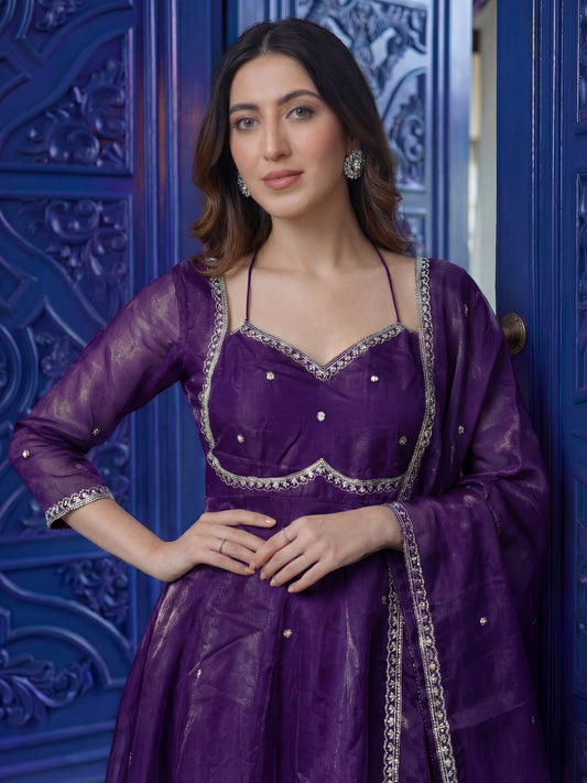 Royal Purple Anarkali Suit with Elegant Back Design & Sheer Dupatta
