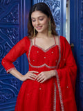 Royal Red Anarkali Suit with Stylish Back Tie Design & Sheer Dupatta