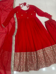 Royal Red Anarkali Suit with Heavy Golden Border & Flowing Dupatta