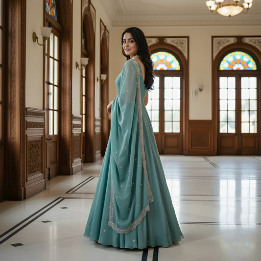 Luxury Sea Green Ethnic Gown with Minimal Embroidery