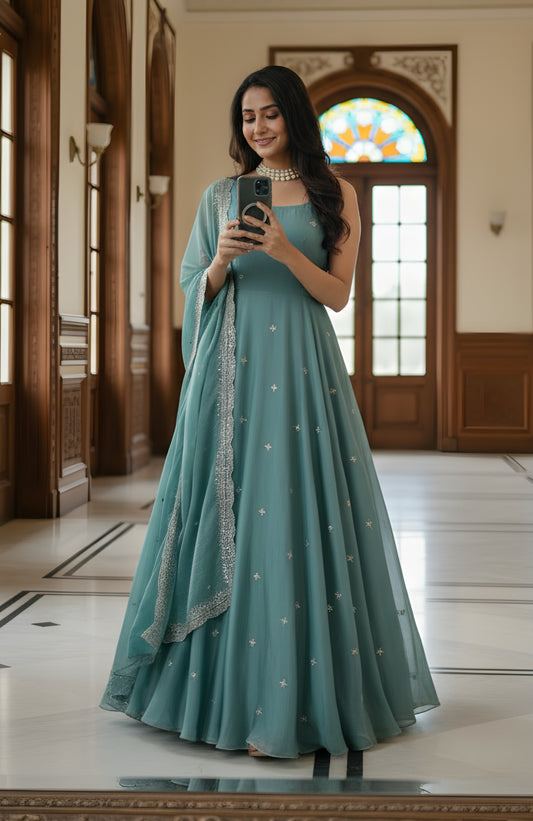 Luxury Sea Green Ethnic Gown with Minimal Embroidery