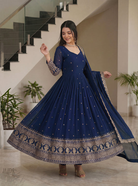 Royal Navy Blue Anarkali Gown with Heavy Gold Border & Dupatta