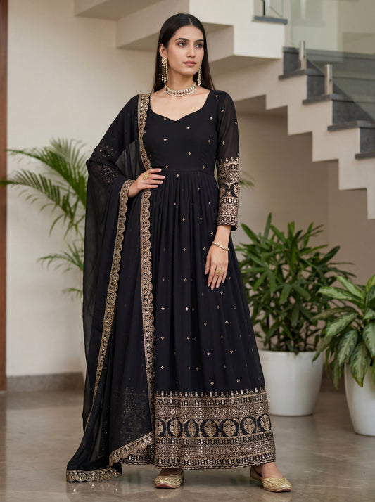 Royal Black Anarkali Gown with Deep Back Design & Heavy Gold Border
