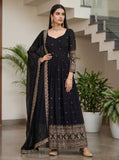 Royal Black Anarkali Gown with Deep Back Design & Heavy Gold Border