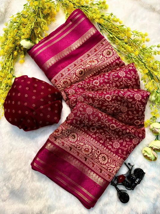 Elegant pink traditional saree with zari weaving for festive wear
