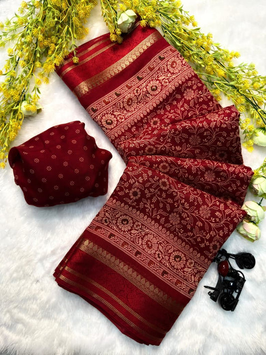 Designer red Banarasi style saree with matching blouse fabric
