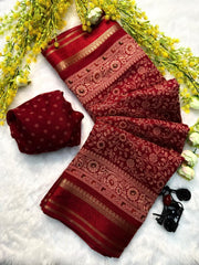Designer red Banarasi style saree with matching blouse fabric