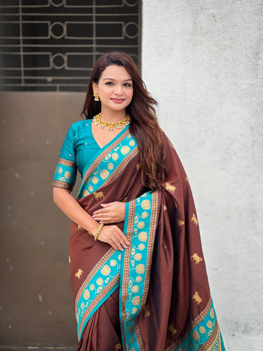traditional-indian-brown-silk-saree-with-cow-motifs