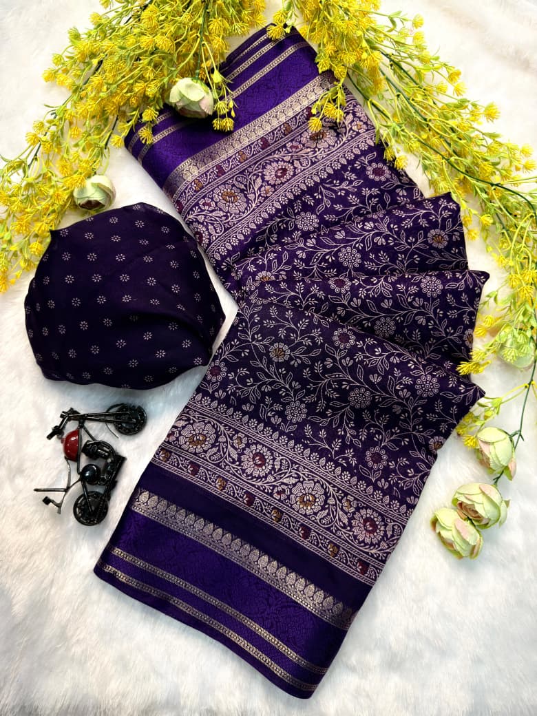 Deep purple woven saree with intricate floral ethnic patterns