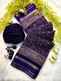Deep purple woven saree with intricate floral ethnic patterns