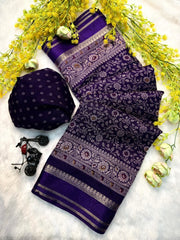 Deep purple woven saree with intricate floral ethnic patterns