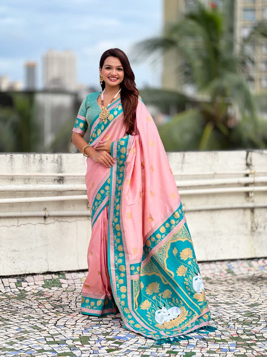 pastel-pink-pichwai-silk-saree-with-rama-green-border