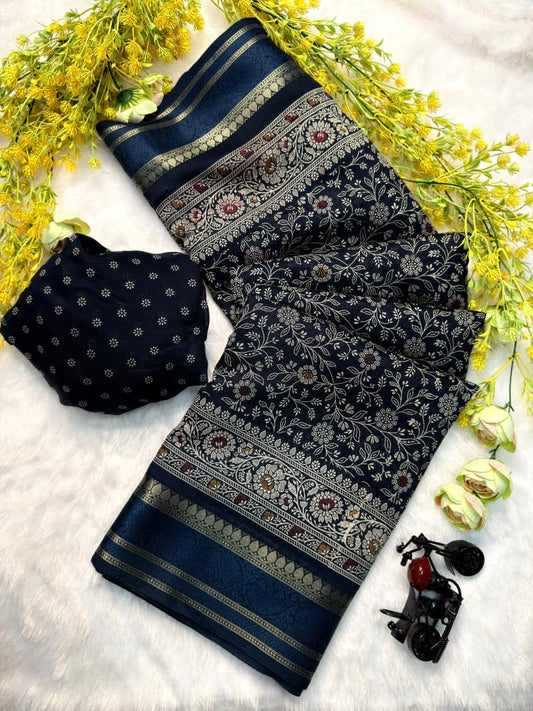 Stylish Indian saree in navy blue with matching blouse fabric