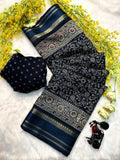 Stylish Indian saree in navy blue with matching blouse fabric