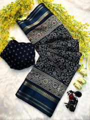 Stylish Indian saree in navy blue with matching blouse fabric