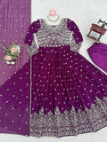 Stylish festive wear Anarkali dress in purple with embroidered border