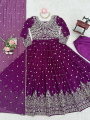 Stylish festive wear Anarkali dress in purple with embroidered border