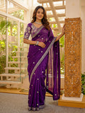Royal purple embroidered saree for women with designer blouse and silver border
