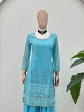 Designer sky blue Pakistani style sharara suit for party wear